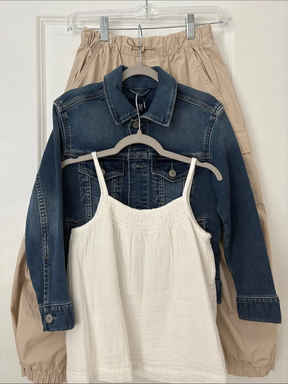 GAP Kids Tan Cargo Jogger Pants, denim coat, and white cotton top bundle